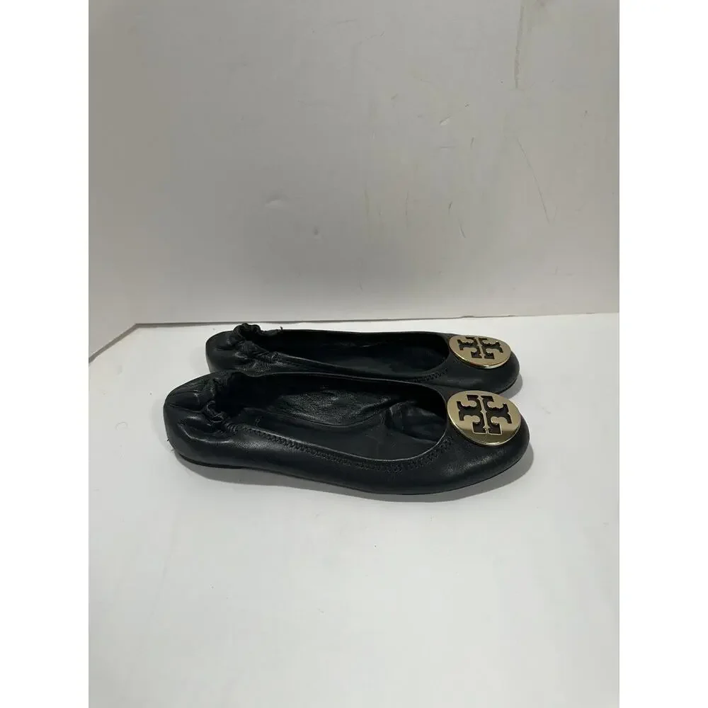 TORY BURCH Reva Ballet Flats Black Gold Medallion Logo Sz 7.5‎ See Pictures